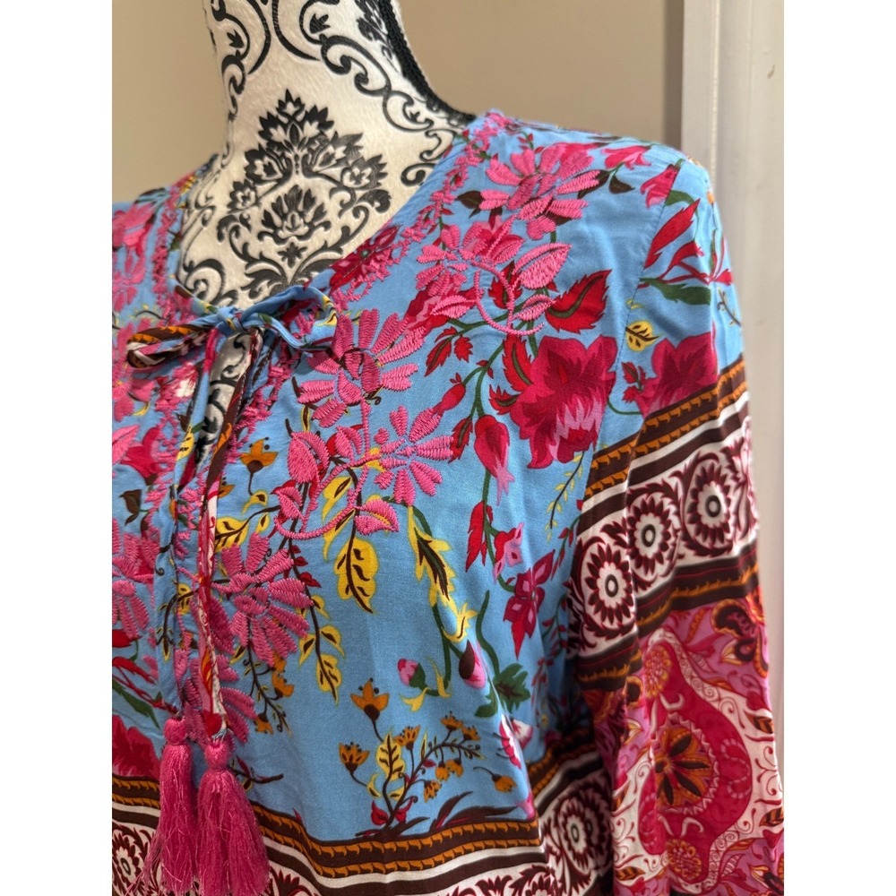 Aziza Womens Boho Floral Paisley Embroidered Tassel Tunic Top Blue Pink Size M - Picture 3 of 10